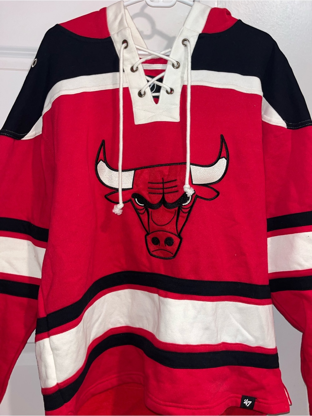 47 Men’s Red, Black & White V-Neck Hockey Sweater